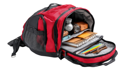 Backpack Essentials: A detailed look at a school backpack filled with school supplies. The composition of the image brings forward the concept of preparation, education, and learning.