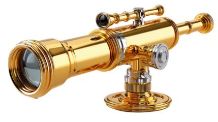 Golden Telescope: A lustrous, antique golden telescope, embodying exploration and discovery, stands ready to unveil the mysteries of the cosmos, sparking curiosity and wonder.