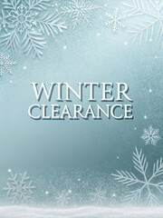 Sleek winter clearance banner with icy silver-blue gradient background, frosted glass typography, and minimal snowflake details