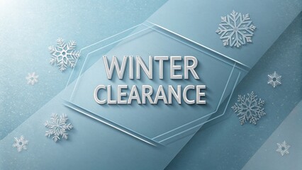 Sleek winter clearance banner with icy silver-blue gradient background, frosted glass typography, and minimal snowflake details