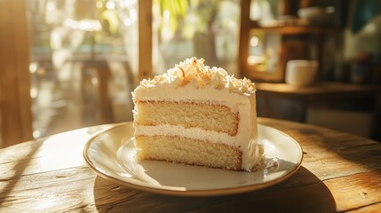 Delicious Slice of Vanilla Cake with Creamy Frosting in Natural Light
