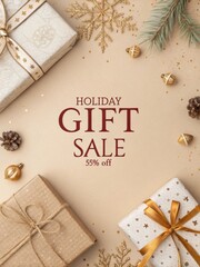 Warm holiday sale banner with wrapped gift boxes, gold ribbon, cozy beige background, and stylish 55% discount typography