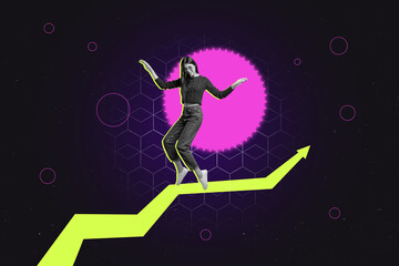 Image pop 3d zine full collage of happy businesswoman stand arrow development career chance promotion employee startup project