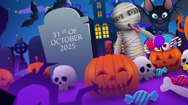 Spooky Halloween Cartoon: Mummy, Bat, Pumpkin, Candy, and Ghosts!