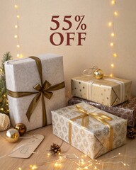 Warm holiday sale banner with wrapped gift boxes, gold ribbon, cozy beige background, and stylish 55% discount typography