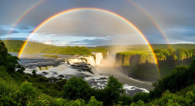 Scenic view of a waterfall with a double rainbow stretching across the landscape and lush greenery on transparent background