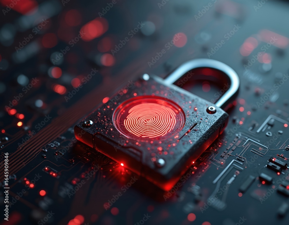 Poster futuristic padlock with glowing fingerprint sensor mounted on dark metallic surface. represents secu