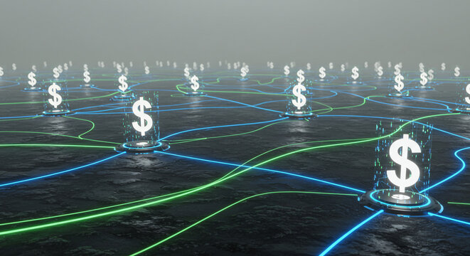 Network of glowing dollar signs connected by blue and green lines, symbolizing financial connections and digital currency in a futuristic setting.
