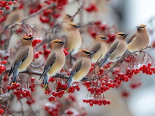 Cedar Waxwing Birds Feasting on Berries During Wintertime
