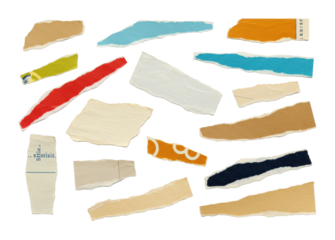 Creative art pieces of torn paper scraps studio space minimalistic overhead modern aesthetic. Cut out png