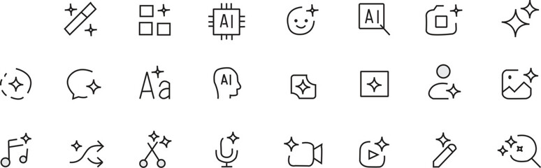 Artifical intelligence icon set. AI sparkle star with square icon vector illustration. AI chip, machine learning icon, robotics gear Artificial intelligence sign AI Farming Technology