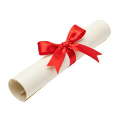 A tightly rolled high-quality off-white parchment diploma, secured with a vibrant red satin ribbon in an elegant bow, presented against a pure transparent studio background. Concept of academic