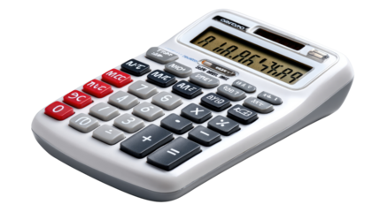 Calculator: The image showcases a meticulously detailed overhead shot of a calculator. The keys and LCD display convey calculation and analysis, embodying modern office technology.
