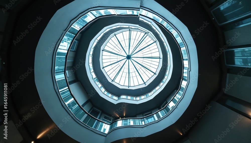 Aufkleber upward view of modern spiral staircase. geometric patterns of glass ceiling and railings create symm