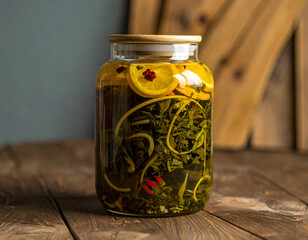 Glass Jar of Herb and Citrus Infused Water on Wooden Table