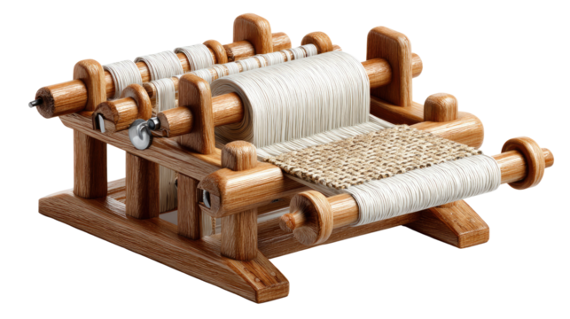 Weaving Loom: A detailed view of a traditional weaving loom, meticulously crafted from wood and showcasing the art of textile creation, weaving and craft