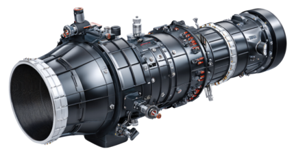 Jet Engine Precision: A detailed studio shot of a powerful jet engine, showcasing its intricate design, mechanical marvel, technological prowess, and aerospace engineering.