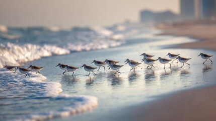 On a Morning Beach Sandpipers are Seen Chasing the Waves