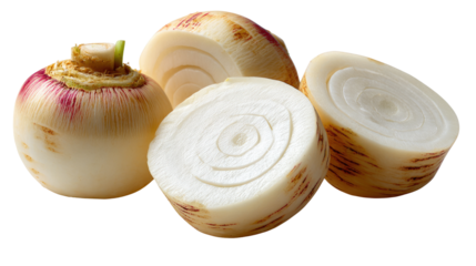 Fresh Turnips Display: A close-up shot showcases several fresh turnips, some halved to reveal the crisp, white interior, ready to be used in various culinary applications.