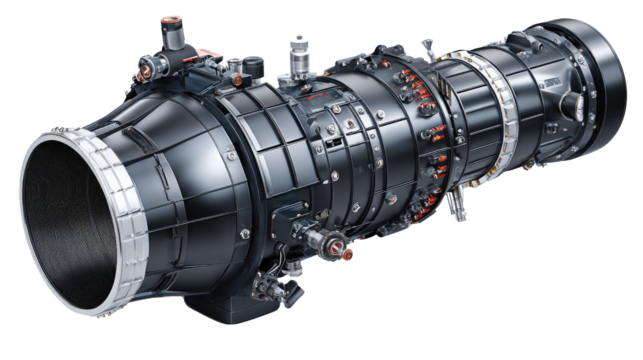 Jet Engine Precision: A detailed studio shot of a powerful jet engine, showcasing its intricate design, mechanical marvel, technological prowess, and aerospace engineering.