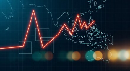 Obraz premium Glowing Red Trend Line on Digital World Map, Macro Trading Concept