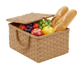 Picnic basket with fresh fruits and breads outdoor gathering still life natural setting culinary delight. Cut out png