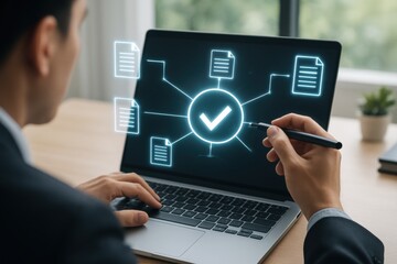 Digital Approval: A professional navigates a modern laptop interface, the screen alight with digital document icons and a glowing checkmark.