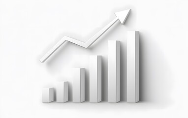 White flat background with white arrow up and bar graph, line chart rising to the right on light grey background. 