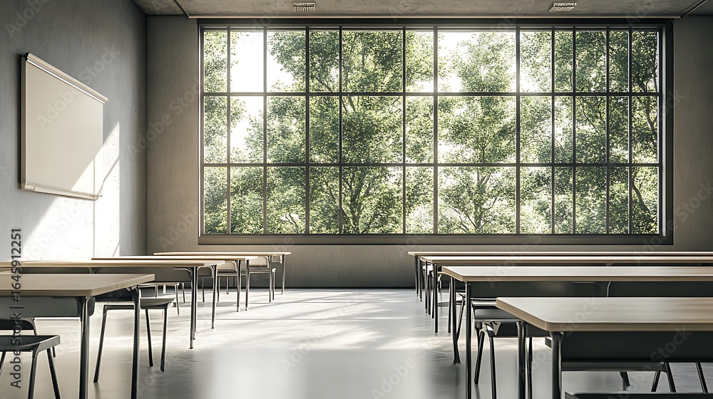 Poster an empty classroom featuring tables and a large window with trees