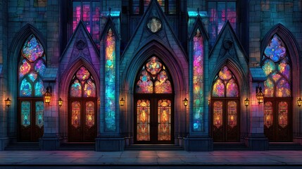 Night view of a gothic cathedral facade with vibrant stained glass
