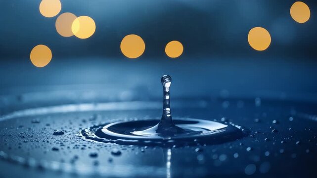 Close-up of water droplet splash creating ripple effect on dark blue surface with golden bokeh lights in soft blurred background