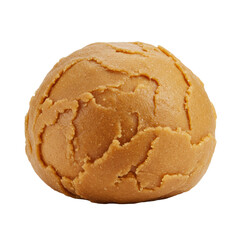 A single, raw golden-brown gingerbread dough ball with sticky texture, isolated on a transparent studio background, high-key lighting, macro detail, concept of holiday baking preparation