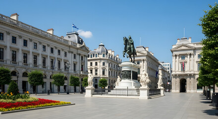Fototapeta premium A classic city square with smooth stone pavement, grand statues, and spotless surroundings under a clear blue sky