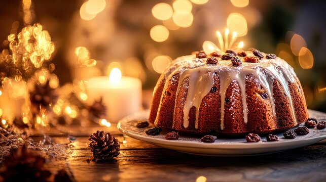 Festive Bundt Cake with Glaze and Raisins on Wooden Table