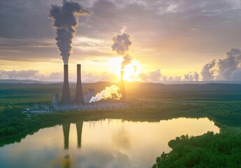 Coal power plant aerial view emitting black smoke at sunset, serene lake and greenery backdrop, industrial vs nature tension, environmental impact of energy production