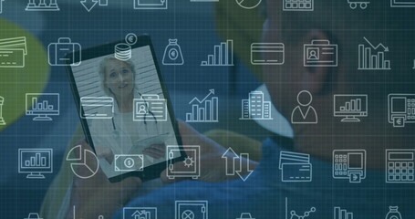 Holding smartphone showing live medical call at home, with lab coat, stethoscope and finance icons