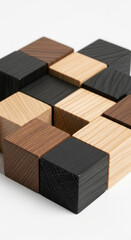 A close up abstract arrangement of wooden blocks in various natural wood tones and black isolated on transparent background