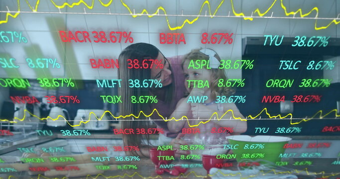 Mixing apples mother wearing apron and daughter using bowl in kitchen, with stock ticker codes