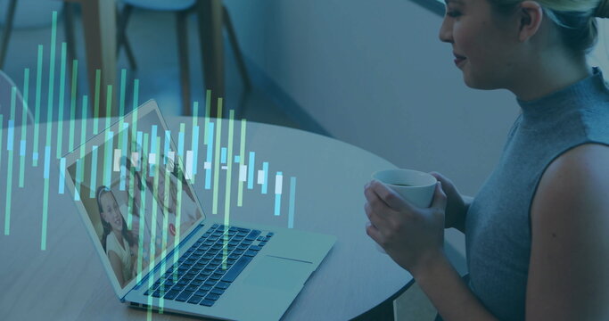 Holding mug, woman joining family call on laptop in home office with sound waves, copy space