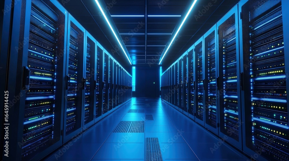 Poster advanced modern data center with rows of illuminated high-performance server racks, efficient coolin