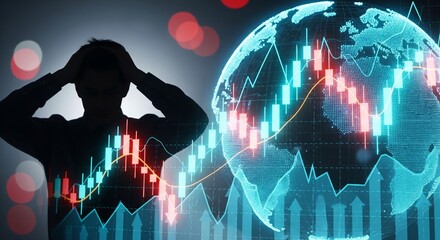 Stressed silhouette holding her head, red falling candlesticks and graph lines. market collapse, global crisis, sales and financial risk