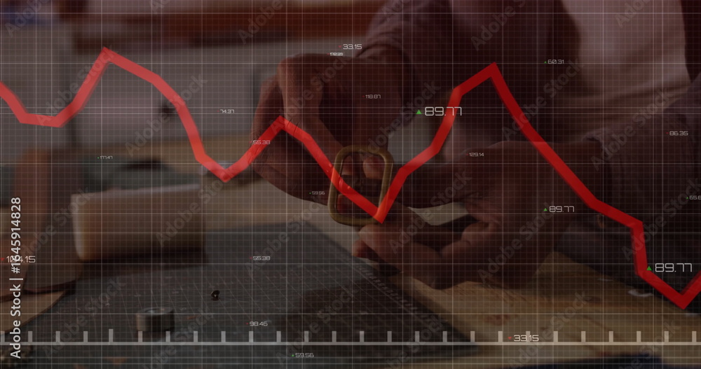 Poster inspecting craftsman measuring metal part at workbench with ruler and digital red line graph