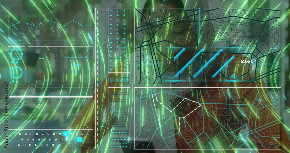 Poster displaying high-tech holographic interface filling control room with waveforms gauges and labels