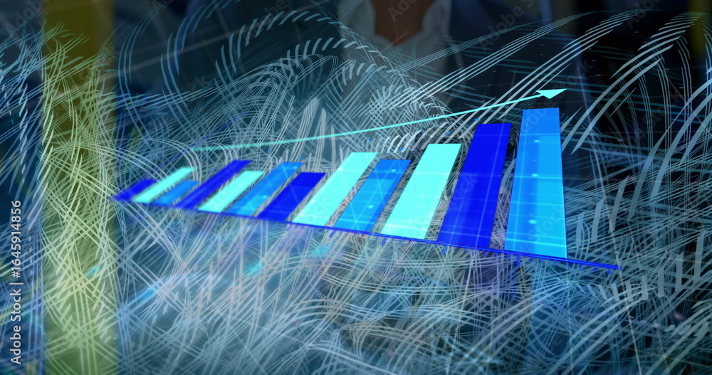 Poster projecting 3d bar chart rising above glowing data grid on desk, with professional analyzing metrics
