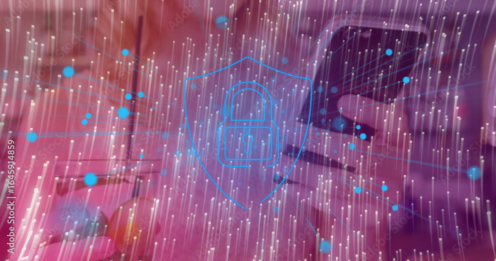 Poster showing translucent shield with padlock securing office, featuring light streams and data particles