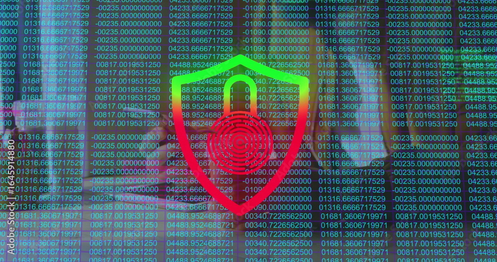 Aufkleber displaying data matrix on monitor with shield padlock, fingerprint target showing floating digits