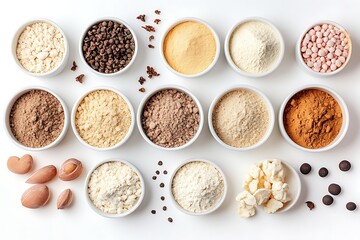 Various Bowls of Baking Ingredients Flours, Chocolate Chips, Cacao, Shea Butter and Nuts