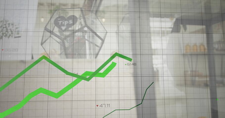 Displaying green line chart over grid glass panel in office lounge with labels and tip jar