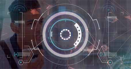 Holding smartphone, man wearing shirt using holographic interface in office, showing network nodes