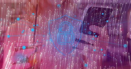 Showing translucent shield with padlock securing office, featuring light streams and data particles